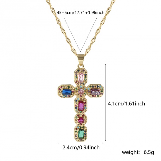 Picture of 1 Piece Eco-friendly Retro Religious 18K Real Gold Plated Multicolor Brass Wave Twisted Chain Cross Micro Pave Pendant Charm Necklace Unisex 45cm(17.7") + 5cm(2") long