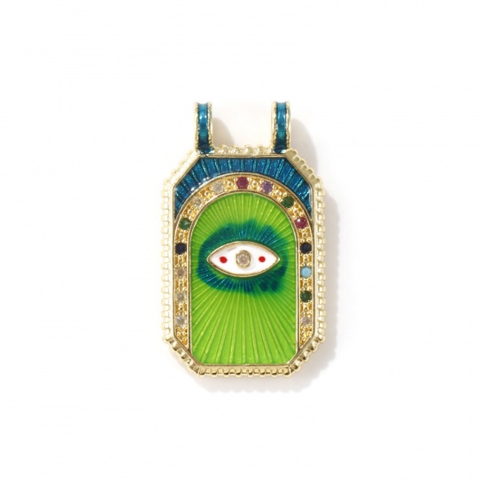 Picture of 1 Piece Eco-friendly Brass Micro Pave Pendants 18K Real Gold Plated Green Blue Octagon Eye of Providence/ All-seeing Eye Enamel Multicolour Cubic Zirconia 3cm x 1.8cm