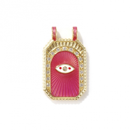 Picture of 1 Piece Eco-friendly Brass Micro Pave Pendants 18K Real Gold Plated Pink Octagon Eye of Providence/ All-seeing Eye Enamel Clear Cubic Zirconia 3cm x 1.8cm