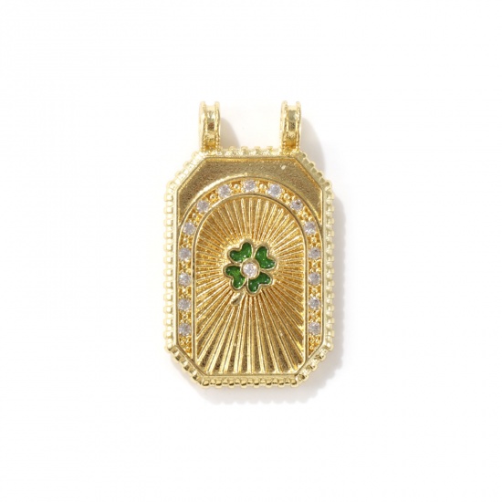 Picture of 1 Piece Eco-friendly Brass Micro Pave Pendants 18K Real Gold Plated Green Octagon Four Leaf Clover Enamel Clear Cubic Zirconia 3cm x 1.8cm