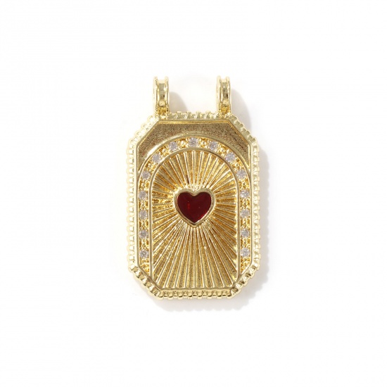 Picture of 1 Piece Eco-friendly Brass Micro Pave Pendants 18K Real Gold Plated Red Octagon Heart Enamel Clear Cubic Zirconia 3cm x 1.8cm