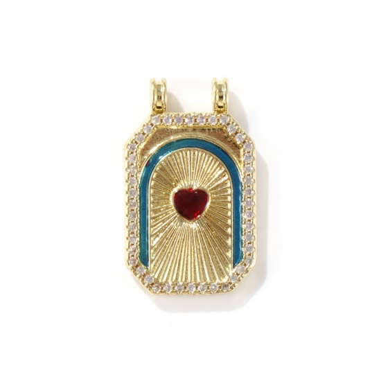 Picture of 1 Piece Eco-friendly Brass Micro Pave Pendants 18K Real Gold Plated Red & Blue Octagon Heart Enamel Clear Cubic Zirconia 3cm x 1.8cm