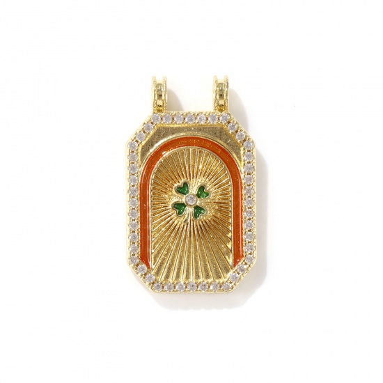 Picture of 1 Piece Eco-friendly Brass Micro Pave Pendants 18K Real Gold Plated Green & Orange Octagon Four Leaf Clover Enamel Clear Cubic Zirconia 3cm x 1.8cm