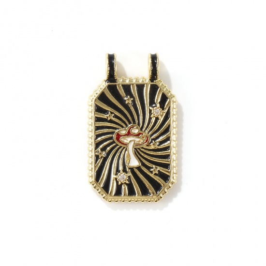 Picture of 1 Piece Eco-friendly Brass Micro Pave Pendants 18K Real Gold Plated Black Octagon Mushroom Enamel Clear Cubic Zirconia 3cm x 1.8cm