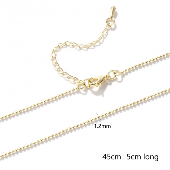 Imagen de 2 Unidades Respetuoso del Medio Ambiente Latón Cadenas de Bola Collares 18K Oro Real Chapado Con Broche de Langosta y Extensor Cadena 45cm + 5cm longitud, Cadena: 1.2mm