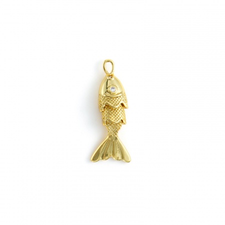 Picture of 1 Piece Eco-friendly Brass Ocean Jewelry Charms 18K Real Gold Plated Fish Animal Movable Clear Cubic Zirconia 23mm x 9mm