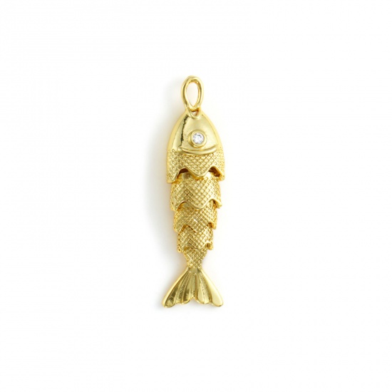 Bild von 1 Stück Umweltfreundlich Messing Ozean Schmuck Anhänger 18K Echtgold plattiert Fisch Beweglich Klar Kubischer Zirkon 33mm x 9mm