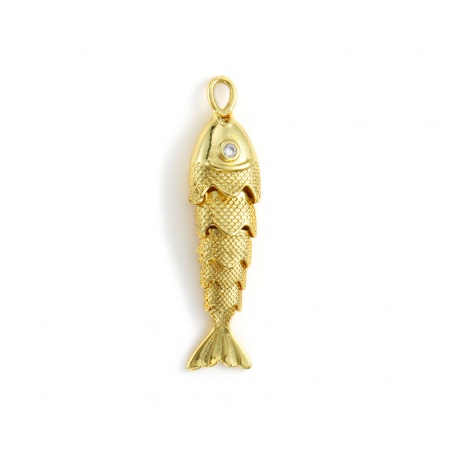 Picture of 1 Piece Eco-friendly Brass Ocean Jewelry Pendants 18K Real Gold Plated Fish Animal Movable Clear Cubic Zirconia 40mm x 10mm