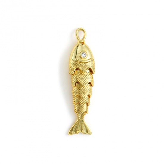 Bild von 1 Stück Umweltfreundlich Messing Ozean Schmuck Anhänger 18K Echtgold plattiert Fisch Beweglich Klar Kubischer Zirkon 40mm x 10mm