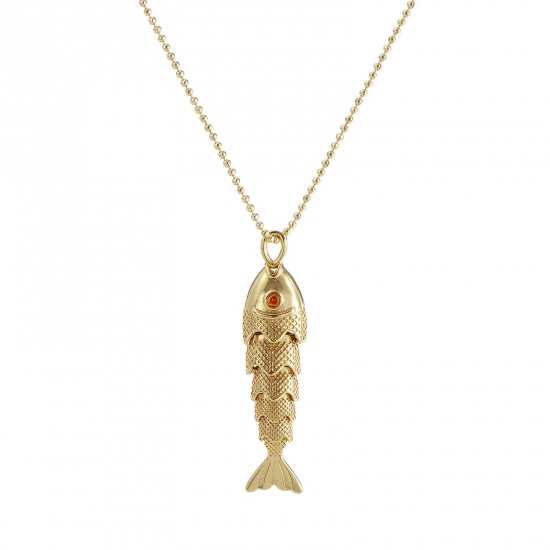 Bild von 1 Strang Umweltfreundlich Böhmen Ozean Schmuck 18K Echtgold plattiert Messing Kugelkette Kette Fisch Beweglich Anhänger Halskette Unisex Geschenk 45cm + 5cm lang
