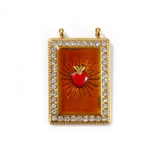 Picture of 1 Piece Eco-friendly PVD Vacuum Plating 304 Stainless Steel Religious Pendants 18K Real Gold Plated Amber Enamel Rectangle Ex Voto Heart Clear Cubic Zirconia 3.6cm x 2.3cm