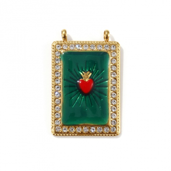 Picture of 1 Piece Eco-friendly PVD Vacuum Plating 304 Stainless Steel Religious Pendants 18K Real Gold Plated Green Enamel Rectangle Ex Voto Heart Clear Cubic Zirconia 3.6cm x 2.3cm