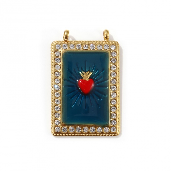 Picture of 1 Piece Eco-friendly PVD Vacuum Plating 304 Stainless Steel Religious Pendants 18K Real Gold Plated Green Blue Enamel Rectangle Ex Voto Heart Clear Cubic Zirconia 3.6cm x 2.3cm