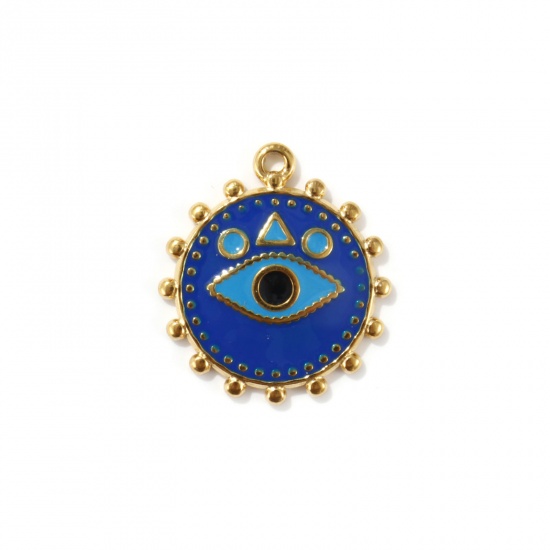 Picture of 2 PCs Eco-friendly PVD Vacuum Plating 304 Stainless Steel Religious Charms 18K Real Gold Plated Dark Blue Enamel Round Disc Eye of Providence/ All-seeing Eye 21mm x 18.5mm
