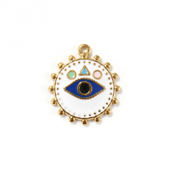Picture of 2 PCs Eco-friendly PVD Vacuum Plating 304 Stainless Steel Religious Charms 18K Real Gold Plated White Enamel Round Disc Eye of Providence/ All-seeing Eye 21mm x 18.5mm