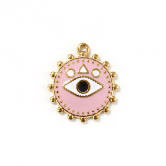 Picture of 2 PCs Eco-friendly PVD Vacuum Plating 304 Stainless Steel Religious Charms 18K Real Gold Plated Pink Enamel Round Disc Eye of Providence/ All-seeing Eye 21mm x 18.5mm