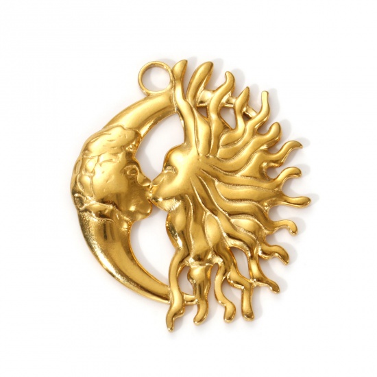 Picture of 2 PCs Eco-friendly PVD Vacuum Plating 304 Stainless Steel Galaxy Pendants 18K Real Gold Plated Sun And Moon Face Kissy Face 3.3cm x 2.8cm