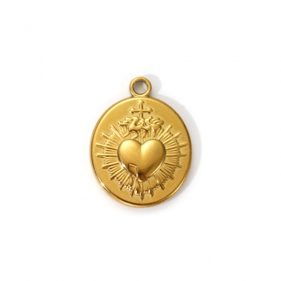 Picture of 2 PCs Eco-friendly PVD Vacuum Plating 304 Stainless Steel Religious Charms 18K Real Gold Plated Oval Ex Voto Heart 24mm x 18mm