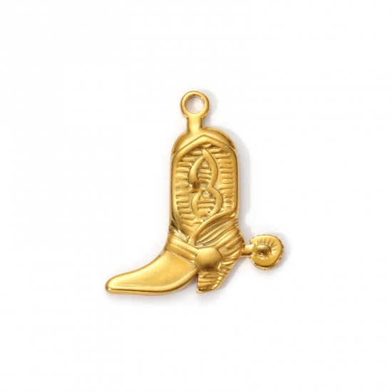 Picture of 2 PCs Eco-friendly PVD Vacuum Plating 304 Stainless Steel West Cowboy Charms 18K Real Gold Plated Boots 24mm x 21mm
