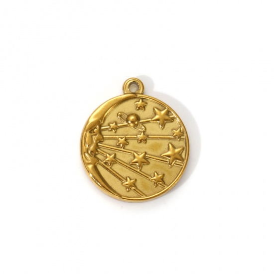 Picture of 2 PCs Eco-friendly PVD Vacuum Plating 304 Stainless Steel Galaxy Charms 18K Real Gold Plated Round Disc Star 22mm x 19mm