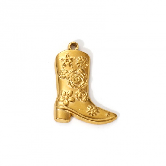 Picture of 2 PCs Eco-friendly PVD Vacuum Plating 304 Stainless Steel West Cowboy Charms 18K Real Gold Plated Boots Rose Flower 28mm x 21mm