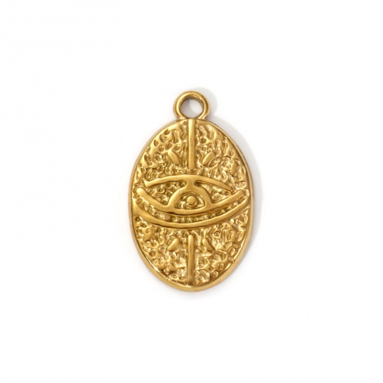 Picture of 2 PCs Eco-friendly PVD Vacuum Plating 304 Stainless Steel Religious Charms 18K Real Gold Plated Oval Eye of Providence/ All-seeing Eye 28mm x 17mm