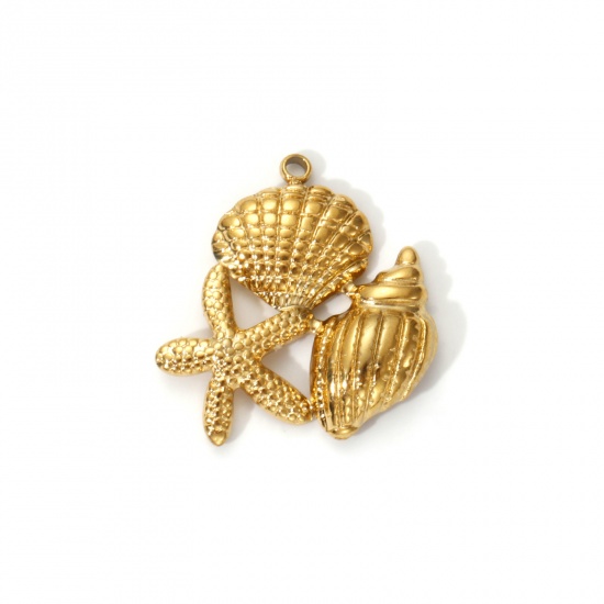 Immagine di 2 Pz Placcatura Sottovuoto PVD Ecologica 304 Acciaio Inossidabile Gioielli Oceanici Ciondoli 18K Vero Oro Placcato Conchiglia Stella Marina 22mm x 21mm