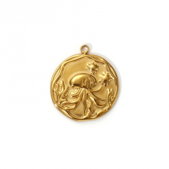 Immagine di 2 Pz Placcatura Sottovuoto PVD Ecologica 304 Acciaio Inossidabile Gioielli Oceanici Ciondoli 18K Vero Oro Placcato Tondo Disco Medusa 20mm x 18mm