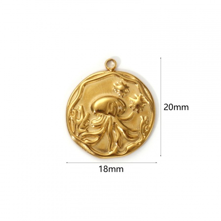 Picture of 2 PCs Eco-friendly PVD Vacuum Plating Waterproof Anti-Tarnish Hypoallergenic 304 Stainless Steel Ocean Jewelry Charms 18K Real Gold Plated Round Disc Jellyfish 20mm x 18mm