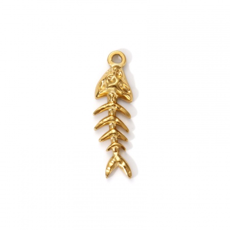 Picture of 2 PCs Eco-friendly PVD Vacuum Plating Waterproof Anti-Tarnish Hypoallergenic 304 Stainless Steel Ocean Jewelry Charms 18K Real Gold Plated Fish Bone 28mm x 9mm