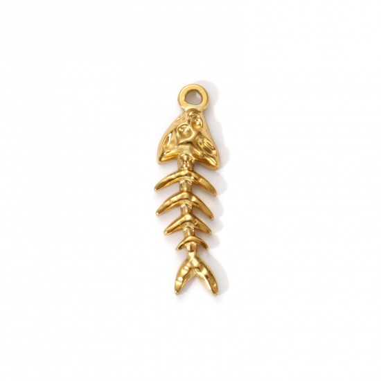 Immagine di 2 Pz Placcatura Sottovuoto PVD Ecologica 304 Acciaio Inossidabile Gioielli Oceanici Ciondoli 18K Vero Oro Placcato Osso di Pesce 28mm x 9mm