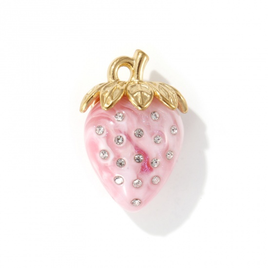Picture of 1 Piece Eco-friendly PVD Vacuum Plating 304 Stainless Steel & Resin Pendants 18K Real Gold Plated Light Pink Pearlized Strawberry Fruit 3D Clear Rhinestone 3.1cm x 2.1cm