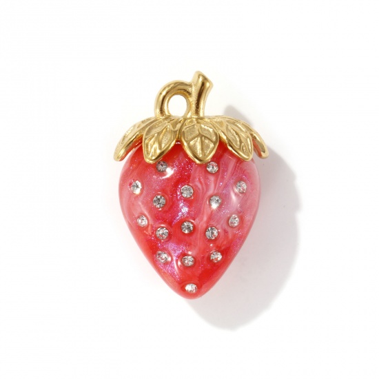 Picture of 1 Piece Eco-friendly PVD Vacuum Plating 304 Stainless Steel & Resin Pendants 18K Real Gold Plated Hot Pink Pearlized Strawberry Fruit 3D Clear Rhinestone 3.1cm x 2.1cm