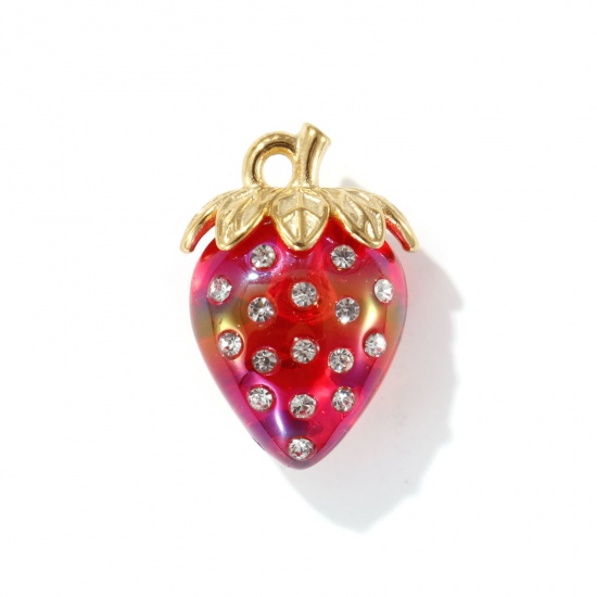 Picture of 1 Piece Eco-friendly PVD Vacuum Plating 304 Stainless Steel & Resin Pendants 18K Real Gold Plated Red AB Rainbow Color Strawberry Fruit 3D Clear Rhinestone 3.1cm x 2.1cm