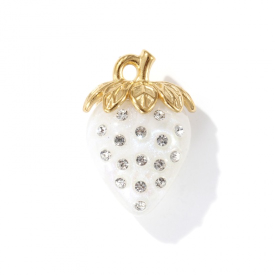 Picture of 1 Piece Eco-friendly PVD Vacuum Plating 304 Stainless Steel & Resin Pendants 18K Real Gold Plated White Pearlized Strawberry Fruit 3D Clear Rhinestone 3.1cm x 2.1cm