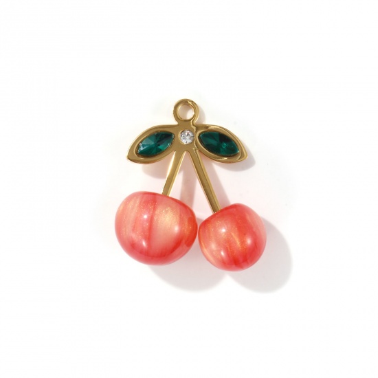 Picture of 1 Piece Eco-friendly PVD Vacuum Plating 304 Stainless Steel & Resin Charms 18K Real Gold Plated Orange-red Cherry Fruit 3D Green Rhinestone 24mm x 22mm