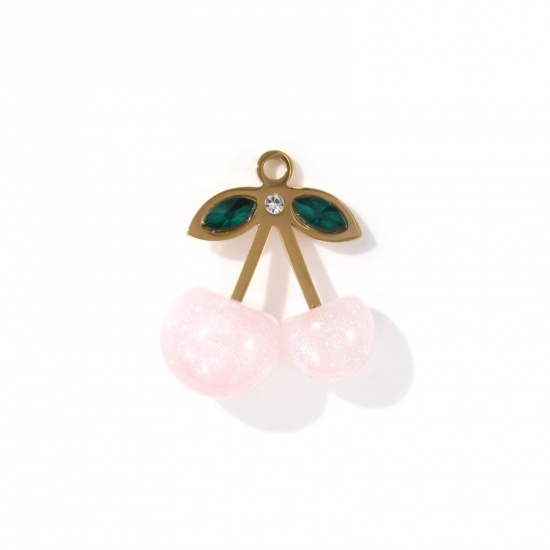 Picture of 1 Piece Eco-friendly PVD Vacuum Plating 304 Stainless Steel & Resin Charms 18K Real Gold Plated Light Pink Pearlized Cherry Fruit 3D Green Rhinestone 24mm x 22mm