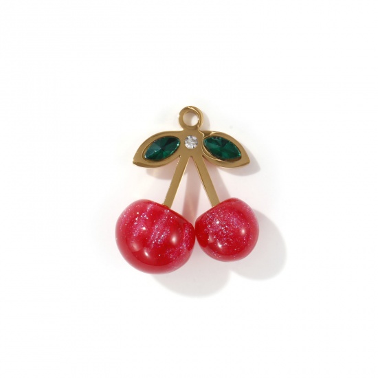Picture of 1 Piece Eco-friendly PVD Vacuum Plating 304 Stainless Steel & Resin Charms 18K Real Gold Plated Red Pearlized Cherry Fruit 3D Green Rhinestone 24mm x 22mm
