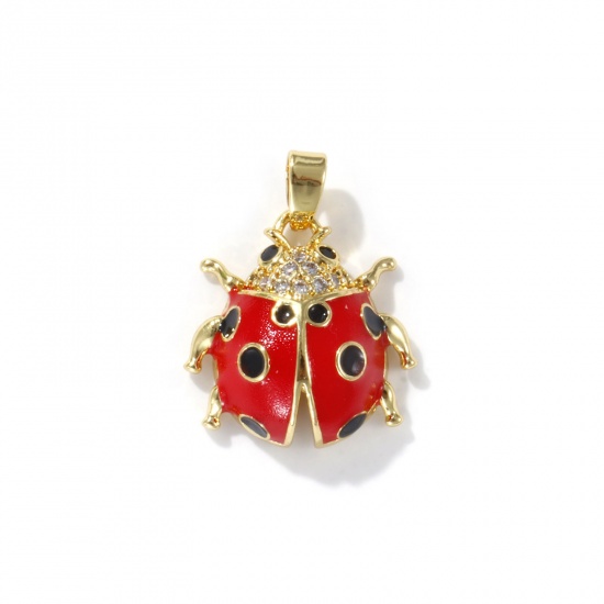 Picture of 2 PCs Eco-friendly Brass Insect Charm Pendant 18K Real Gold Plated Black & Red Ladybug Animal Enamel Clear Cubic Zirconia 21mm x 16mm