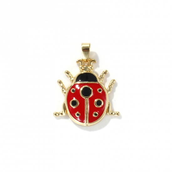 Picture of 2 PCs Eco-friendly Brass Insect Charm Pendant 18K Real Gold Plated Black & Red Ladybug Animal Enamel 25mm x 20mm