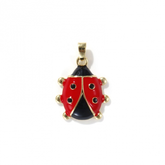 Picture of 2 PCs Eco-friendly Brass Insect Charm Pendant 18K Real Gold Plated Black & Red Ladybug Animal Enamel 25mm x 17mm