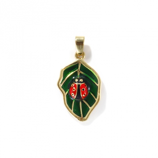 Picture of 2 PCs Eco-friendly Brass Insect Charm Pendant 18K Real Gold Plated Multicolor Ladybug Animal Leaf Enamel 25mm x 13mm