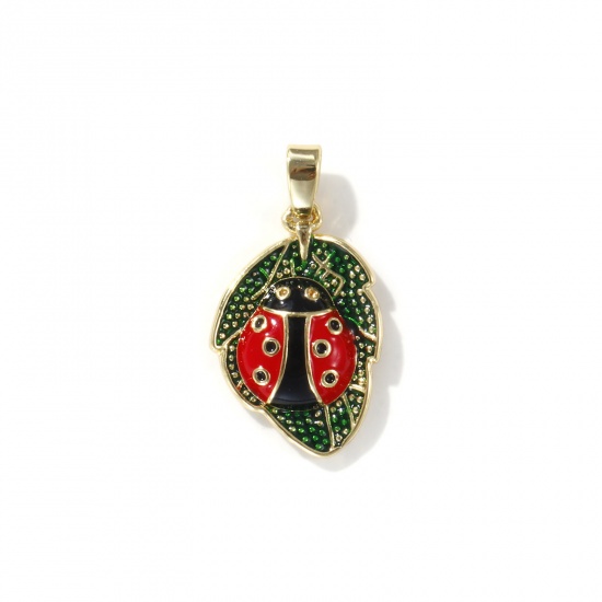 Picture of 2 PCs Eco-friendly Brass Insect Charm Pendant 18K Real Gold Plated Multicolor Ladybug Animal Leaf Enamel 25mm x 13mm
