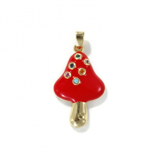 Picture of 2 PCs Eco-friendly Brass Pendants 18K Real Gold Plated Red Mushroom Enamel Multicolour Cubic Zirconia 3cm x 1.6cm