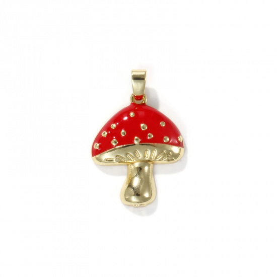 Picture of 2 PCs Eco-friendly Brass Charm Pendant 18K Real Gold Plated Red Mushroom Enamel 25mm x 16mm