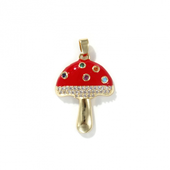 Picture of 2 PCs Eco-friendly Brass Charm Pendant 18K Real Gold Plated Red Mushroom Enamel Multicolour Cubic Zirconia 29mm x 18mm