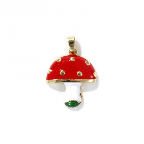 Picture of 2 PCs Eco-friendly Brass Charm Pendant 18K Real Gold Plated White & Red Mushroom Enamel 25mm x 18mm