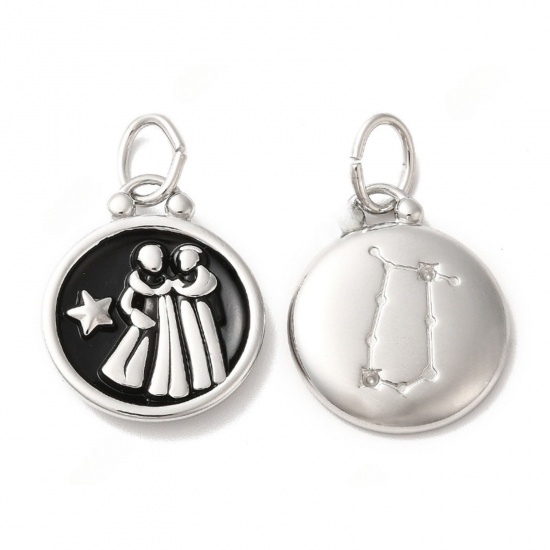 Picture of 1 Piece 304 Stainless Steel Charms Silver Tone Black Round Disc Gemini Sign Of Zodiac Constellations Enamel 26mm x 17mm