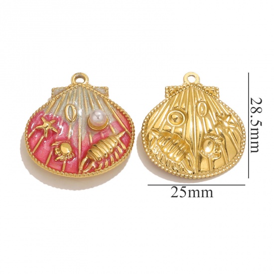 Imagen de 1 Unidad Recubrimiento al Vacío PVD Ecológico 304 Acero Inoxidable Joyería del océano Colgantes Chapado en Oro de 18K Fucsia Esmalte Concha caracola marina Imitación de perla 25mm x 28.5mm