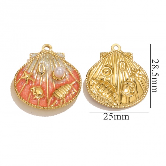 Imagen de 1 Unidad Recubrimiento al Vacío PVD Ecológico 304 Acero Inoxidable Joyería del océano Colgantes Chapado en Oro de 18K Naranja Esmalte Concha caracola marina Imitación de perla 25mm x 28.5mm